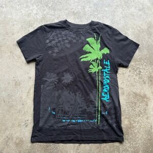 Aeropostale Mens Graphic T-Shirt Black Palm Tree‎ Print Crew Neck Tee